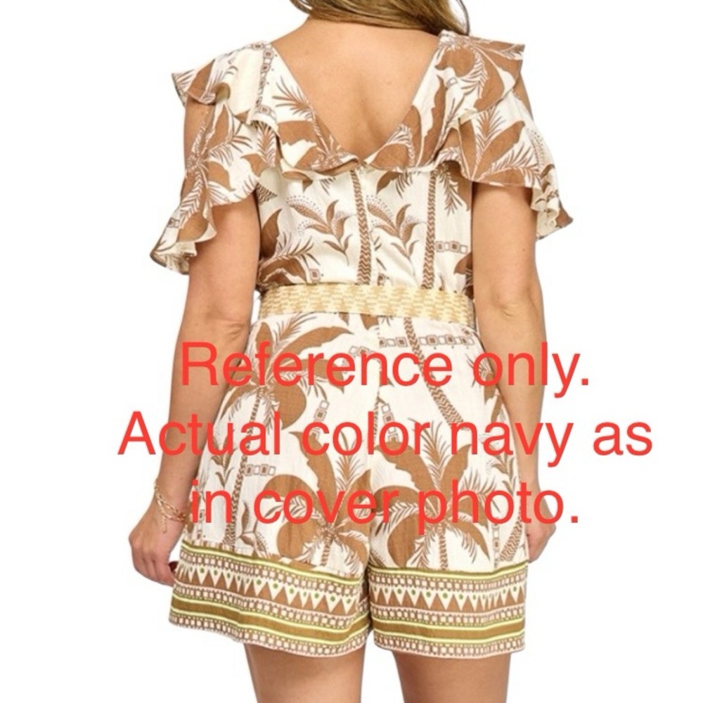 Milk & Honey Rayon Tropical Print Cold Shoulder Ruffle Detail Romper with Belt - Picture 2 of 2